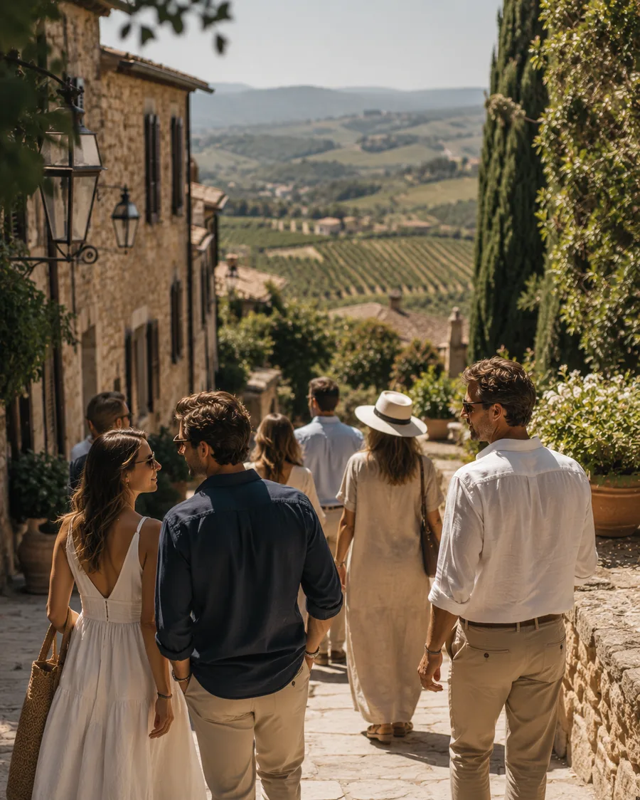 Grupo de viajantes em vilarejo cercado de vinhedos